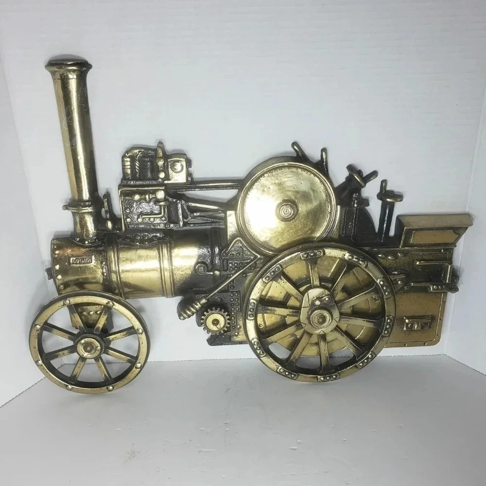 Vintage Cast Metal Steam Engine Train Wall Plaque Brass Tone.